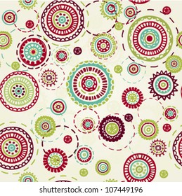 Colorful seamless abstract hand-drawn pattern, effect background with round ornament elements