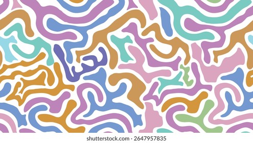 Colorful seamless abstract maze pattern with pastel tones in organic shapes and fluid lines. Perfect for fabric prints, wallpapers, and web design. High-quality vector repeat background.
