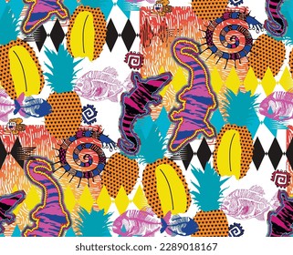Colorful seamless abstract pattern with crocodile and pineapple for your design.