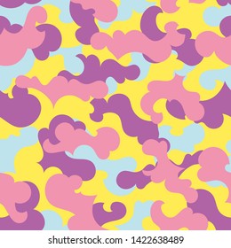 
Colorful seamless abstract pattern with curve shapes. Pink, orange, purple and light blue camouflage.