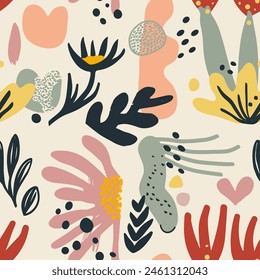 Colorful seamless abstract pattern with hand drawn flower. Trendy vector cut out paper and plants texture for fabric, textile, wallpaper, apparel, wrapping