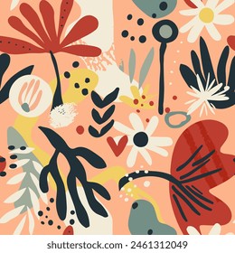 Colorido patrón abstracto sin costuras con flor dibujada a mano. Vector de moda recorta papel y plantas textura para tela, textil, Fondo de pantalla, ropa, envoltura