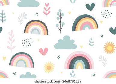 Colorful seamless abstract pattern with hand drawn rainbow flower sun. Trendy vector texture for fabric, textile, wallpaper, apparel, wrapping