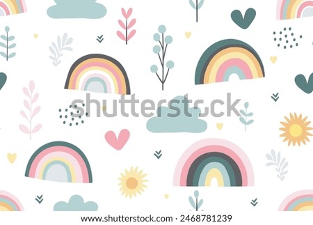 Colorful seamless abstract pattern with hand drawn rainbow flower sun. Trendy vector texture for fabric, textile, wallpaper, apparel, wrapping