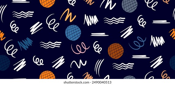 Colorful Seamless Abstract Pattern on blue Background,  trendy design with basic shapes. Modern color wallpaper print backdrop.
