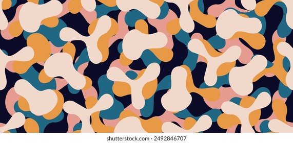 Colorful Seamless Abstract Pattern on blue Background,  trendy design with basic shapes. Modern color wallpaper print backdrop.