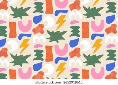 Colorful seamless abstract pattern with playful shapes, leaves, lightning bolts and doodle elements. Hand-drawn modern design for fashion, textile and surface decoration