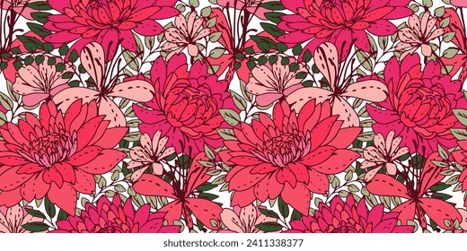 Colorful seamless abstract stylized creative floral pattern. Vector hand drawn. Artistic blooming field of in many kinds flowers and branches leaves printing. Design for fashion, textile, fabric