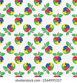 Colorful seamless apple puzzle pattern on a white background vector.