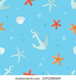 Colorful seamless aquatic pattern with hand drawn underwater elements such as starfish, seashells and anchor on blue background. Fashion print design, vector illustration