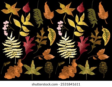 Vector editable inconsútil colorido del fondo negro del patrón de las hojas de otoño