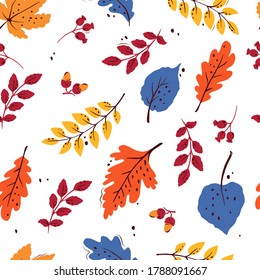 Colorful seamless autumn pattern with leaves on a white isolated background. For your design.