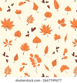 Colorido padrão de outono sem emenda com folhas vetoriais. Design de queda decorativo para têxteis, papel de embrulho, cartões de felicitações sazonais, convites e fundos