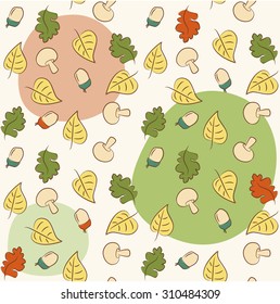 Colorful seamless autumn/fall pattern of leaves, acorns and fungi - wallpaper, fabric, background