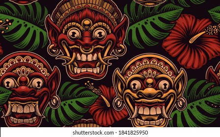 Colorful seamless background for an Asian theme with traditional Indonesian masks and tropical plants.