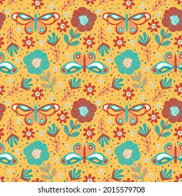 Colorful Seamless background with Butterflies, Flowers and dots, Vector Pattern for textiles, fabrics, covers, wallpaper, print, gift wrapping, postcard.
