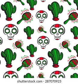 Colorful seamless background with calaveras, cactus and traditional mexican musical instrument - maracas