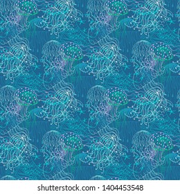 Colorful seamless background with a collection of jellyfish. Hand drawn vector illustration of marine fauna in line art style. Design for summer beach, decoration