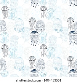 Colorful seamless background with a collection of jellyfish. Hand drawn vector illustration of marine fauna in line art style. Design for summer beach, decoration