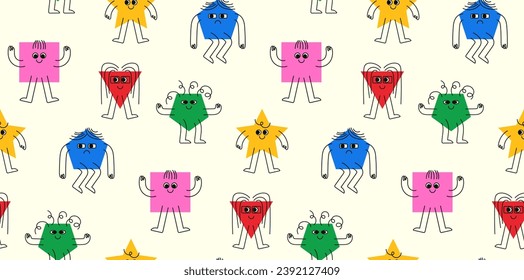 Colorful seamless background with cute geometric shapes in flat cartoon style. Fun triangle, square, pentagon and star characters with cute faces, arms and legs.