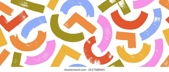 Colorful seamless background with half circles and round bold lines. Brush drawn geometric strokes and curved lines. Mosaic naive style seamless pattern. Kid's style wallpaper with doodle shapes.