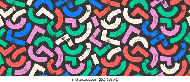 Colorful seamless background with half circles and round bold lines. Brush drawn geometric strokes and curved lines. Mosaic naive style seamless pattern. Kid's style wallpaper with doodle shapes.