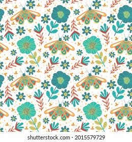 Colorful Seamless background with Moths, Flowers and dots, Vector Pattern for textiles, fabrics, covers, wallpaper, print, gift wrapping, postcard.