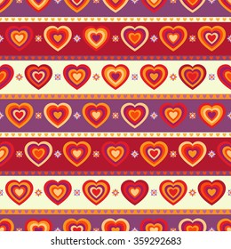 Colorful seamless background with multicolored different sized hearts and stripes