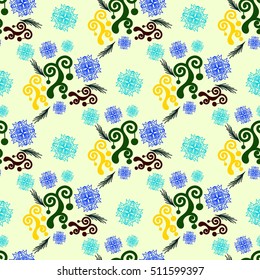 Colorful seamless background with New Year decor and snowflakes, winter holidays pattern. Vector texture for cards, wrapping paper, advertisement, page fill, book covers etc.