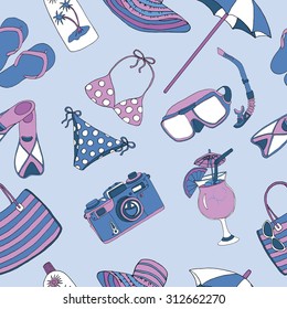 Colorful seamless background with objects for beach holidays, summer illustration