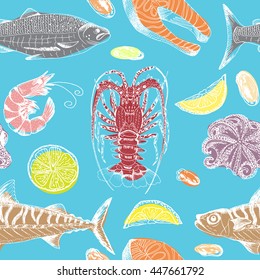Colorful seamless background, seafood, handmade graphics, suitable for your menu, wrapping paper, Wallpaper, pattern, sketch, lobster, shrimp, octopus, mackerel, salmon, mussels, lemon wedge.  Blue