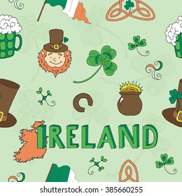 Colorful seamless background with St. Patrick Day icons, symbols and lettering. Hand drawn vector illustrations on green