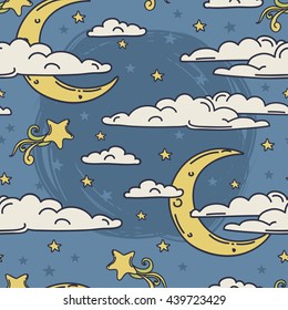 Colorful seamless background for sweet dreams with doodle moons and clouds, vector illustration