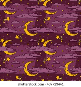 Colorful seamless background for sweet dreams with doodle moons and clouds, vector illustration