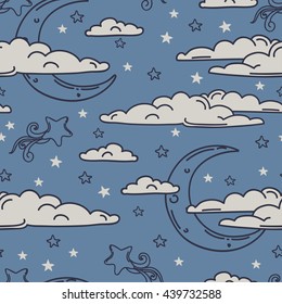 Colorful seamless background for sweet dreams with doodle moons and clouds, vector illustration