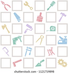 Colorful seamless background of tools/equipment pattern. Freehand drawing in cute style. Vector illustration.