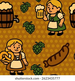 Colorful seamless background with traditional Oktoberfest symbols in naive flat style. Perfect for seasonal design, menus and festive decoration.