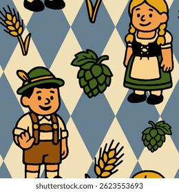 Colorful seamless background with traditional Oktoberfest symbols in naive flat style. Perfect for seasonal design, menus and festive decoration.
