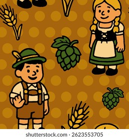 Colorful seamless background with traditional Oktoberfest symbols in naive flat style. Perfect for seasonal design, menus and festive decoration.