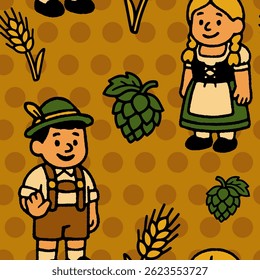 Colorful seamless background with traditional Oktoberfest symbols in naive flat style. Perfect for seasonal design, menus and festive decoration.