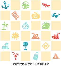 Colorful seamless background of travel/vacation pattern theme. Freehand drawing in cute style. Vector illustration. 