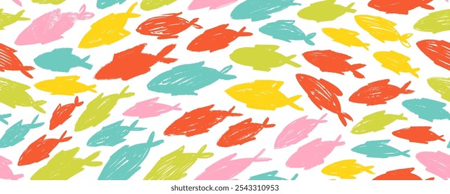 Colorful seamless banner background with crayon drawn school of fish. Marine seamless pattern with rough charcoal texture. Childish colorful wrapping paper with various chaotic fish.