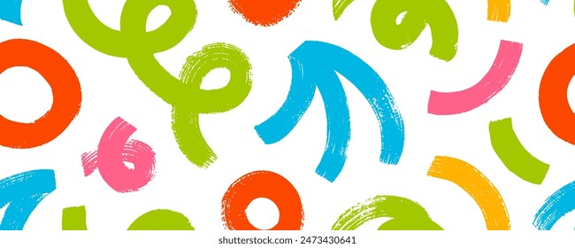 Colorful seamless banner design with bold brush-drawn geometric shapes, squiggles, curved and circles. Grunge childish memphis style doodles. Thick brush drawn shapes with rough texture.