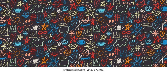 Colorful seamless banner design with brush drawn doodle style elements like crowns, hearts, stars and eyes. Childish girly bright colored seamless pattern. Funny comic cute doodles.