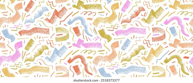 Design de banner colorido sem emenda com rabiscos e rabiscos infantis de giz de cera. Linhas encaracoladas, rabiscos e rabiscos a carvão. Padrão de vetor desenhado à mão sem emenda. Desenho infantil com traços ousados.