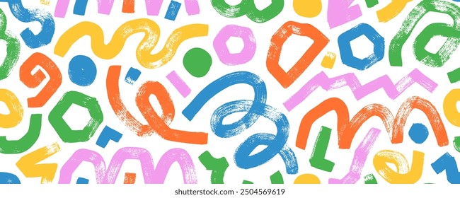 Colorful seamless banner design with curved bold lines, squiggles and swirls. Hand drawn doodle curly brush strokes. Kid's style background with various funky geometric shapes and bold lines.