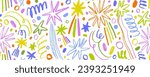 Colorful seamless banner design with doodle stars and comets. Charcoal cosmic motif with hand drawn doodle magic stars. Childish style of meteoroid, comet and asteroid. Childish freehand drawing.