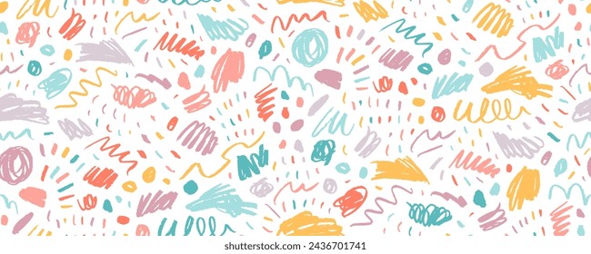 Colorful seamless banner design with scribbles and squiggles. Hand drawn doodle childish style. Charcoal or crayon texture. Scratchy curved and wavy strokes with rough edges. Vector seamless pattern.