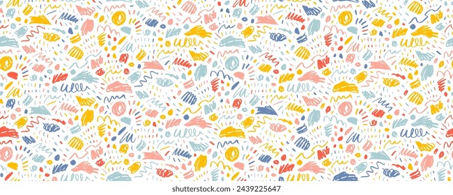 Diseño de banner colorido sin costuras con garabatos y garabatos. Dibujado a mano doodle estilo infantil. Textura de carbón o crayón. Trazos redondeados y ondulados con bordes ásperos. Vector patrón sin fisuras.