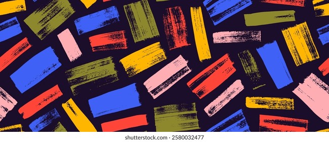 Colorful seamless banner design with thick irregular brush strokes. Abstract bold grunge texture with rectangle rough shapes. Vector messy graffiti sketch wallpaper print. Funky background.